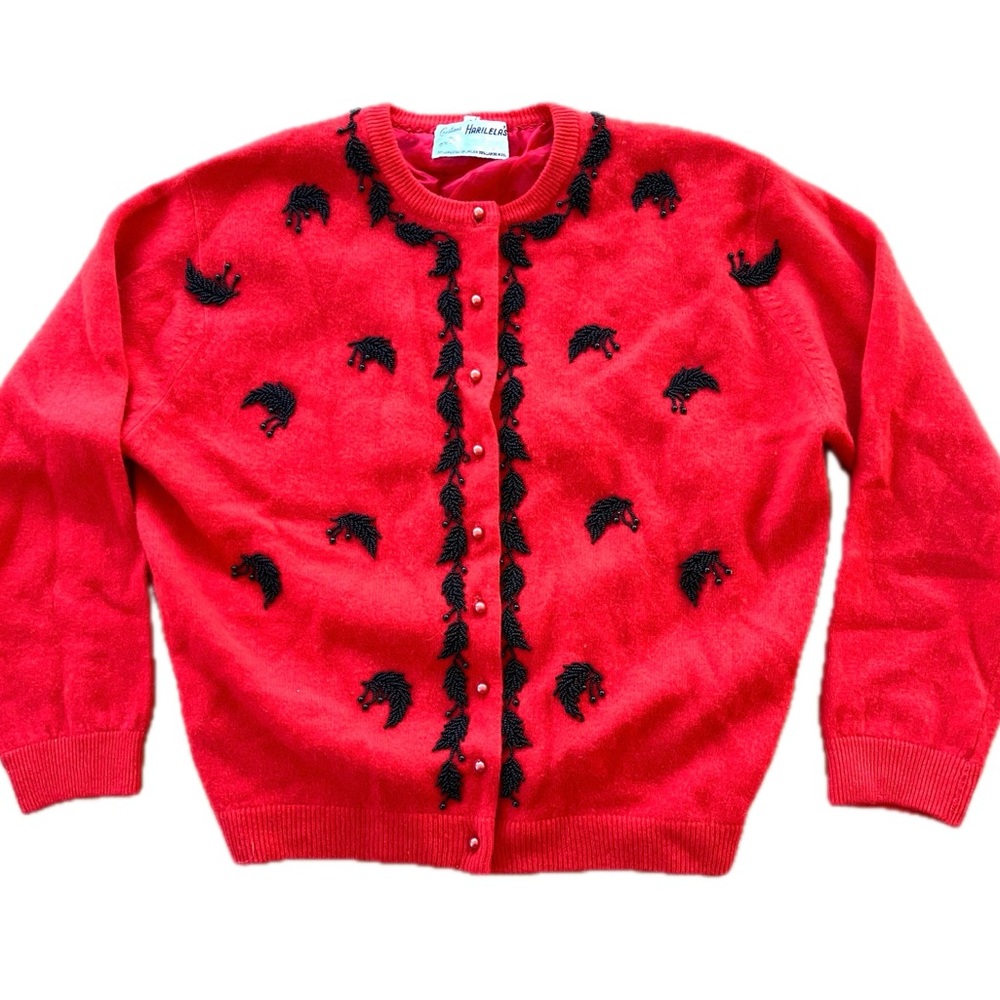 Vintage Original 1950s 60s Red Angora Lambswool Cardigan Beaded Sweater Medium